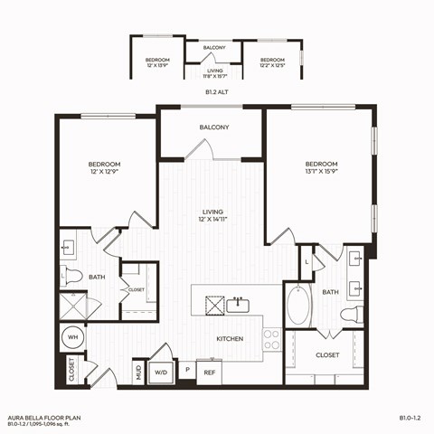 Floor plan for 2 beds, 2 baths, 1095 sqft